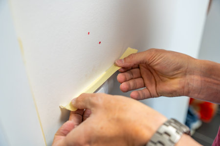 Man covering a light switch with masking tape before painting the wall white. Home renovation, surface protection and careful preparation during interior work. High quality photoの写真素材