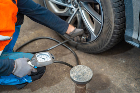Worker checking tire pressure with gauge after seasonal wheel replacement. Final step of winter tire preparation in auto service in Czech Republic. High quality photoの写真素材