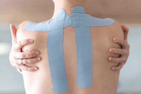 Young woman with kinesiology tape on her back and shoulders, embracing herself with both hands....