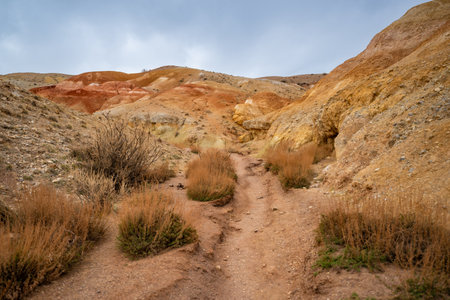 Panoramic view of red and yellow mountains with canyons and gorges at Altai Russia. Popular tourist...