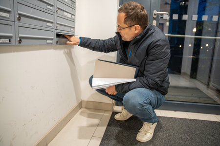 Man opening mailbox inside modern apartment building in the evening. Routine check and residential life.の写真素材