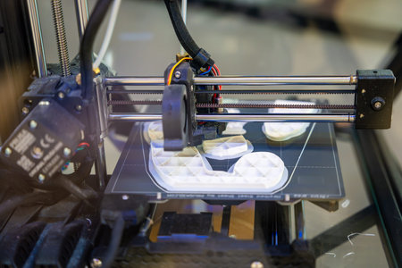 3D printer creating plastic objects with precision and speed. The concept represents modern...