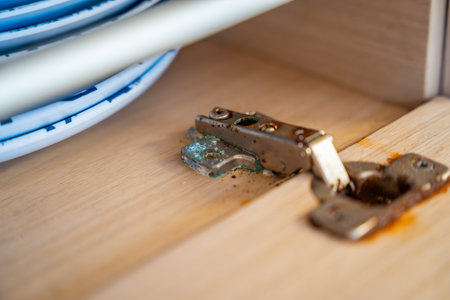 Corroded cabinet hinge inside a sailing yacht exposed to saltwater environment. Marine corrosion highlighting maintenance challenges and long term boat ownership
