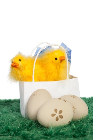 Easter present in a white paper bag with two baby chicks and decorated Easter eggs on green grassの写真素材