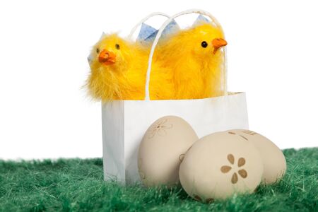 White bag with two baby chickens and painted Easter eggs on green grassの写真素材