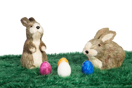 Two Easter bunnies on green grass and painted easter eggsの写真素材