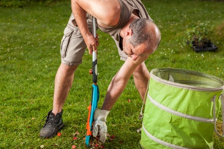 A Gardener collects some leaves for the trash の写真素材