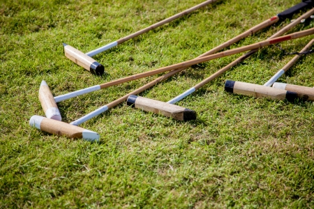 A set of Polo Rackets lying on the grass.の写真素材