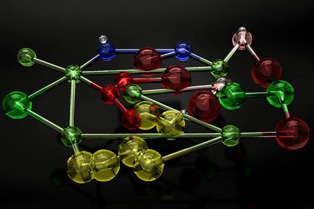 A 3D Molecular structure with glass material on a black background の写真素材