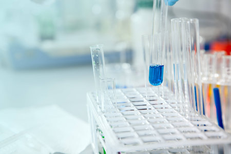 A test tube is filled with a blue liquid with some bubbles の写真素材