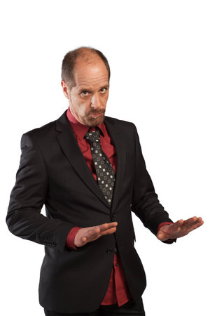 A Businessman shows the keep cool gesture on a white background の写真素材
