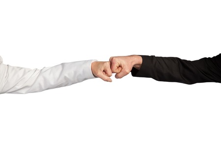 A business woman and a business man are showing the street hand shake の写真素材