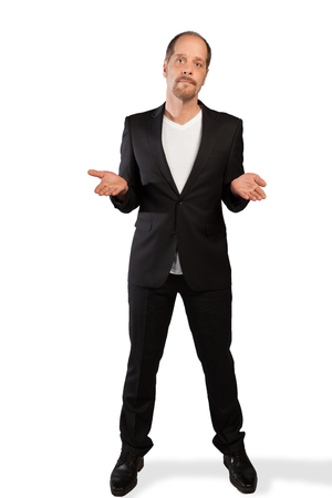 A Businessman opens his hands on a white background の写真素材