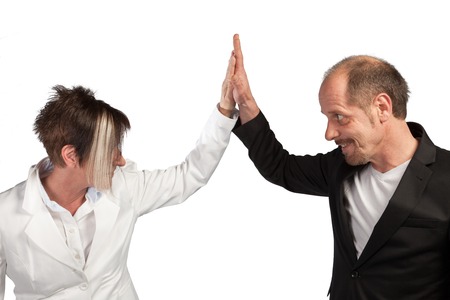 A Team of Businesspeople are appreciating each other on a white background の写真素材