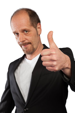A Businessman with a single thumb up sign isolated on a white background の写真素材