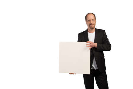 A Businessman is really happy to announce the new company campaign の写真素材