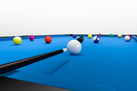 A non visible Player is aiming over his pool queue to put a ball into the billard pocket. 