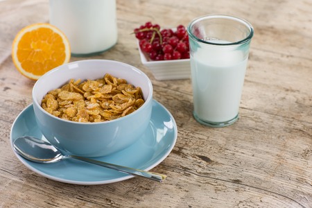 A breakfast scenery with a portion of granola, a cup of milk, a berry bush and a sliced orange fruit in the background.の写真素材
