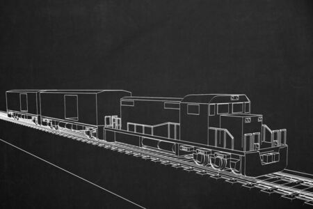 A painting of an electric train with white chalk on a dark chalkboard.の写真素材