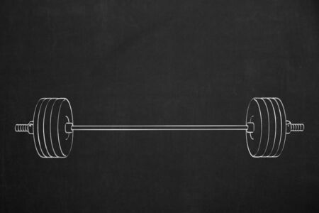 A dumbbell chalk sketch on a dark chalkboard.の写真素材