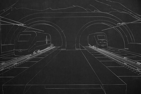 A train station with two trains coming out of tunnel, painted with white chalk on a dark chalkboard.の写真素材