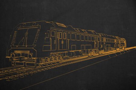 An electric train painted with chalk on a dark chalkboard.の写真素材