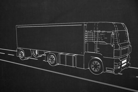 A side view from a truck painted with white chalk on a dark chalkboard.の写真素材