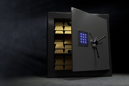 A vault with a couple of golden bars and a bluish glowing combination lock at the opened doorの写真素材