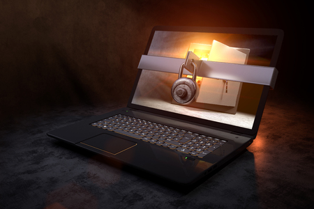 A 3D rendering from a protected Laptop with an golden vault as computer screenの写真素材