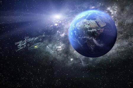 A 3D rendering from the earth with a space ship in the universe.の写真素材