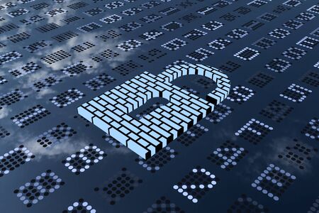 A 3D rendering from a blueish padlock with a wall pattern on a digital LED panel.の写真素材