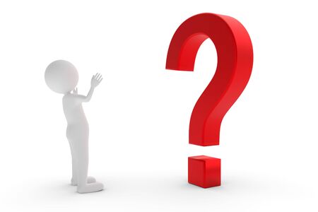 A 3D rendering from a clay character who is standing before a red question mark and is searching for an answer.の写真素材