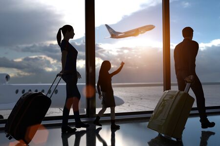 A 3D rendering from a family at the airport terminal with a starting airliner behind the glasses.の写真素材