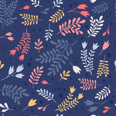 Ornamental plants on a navy blue background. Vector seamless pattern, can be used for textile, wallpaper, web, card.のイラスト素材