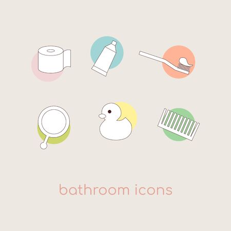 Vector bathroom icons. Included the icons as toilet paper, toothpaste, toothbrush, mirror, duckling, comb.のイラスト素材