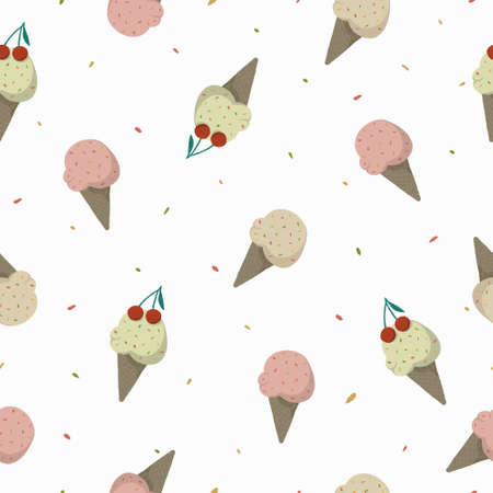 Ice cream seamless pattern. Ice cream in waffle cone isolated on white background.のイラスト素材