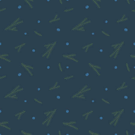 Ornamental juniper twigs and berries on a dark blue background. Vector seamless pattern, can be used for fabrics, wallpaper, web, card.のイラスト素材
