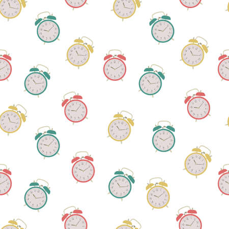 Alarm clock pattern. Vector alarm clock on white background. Colorful seamless pattern.のイラスト素材
