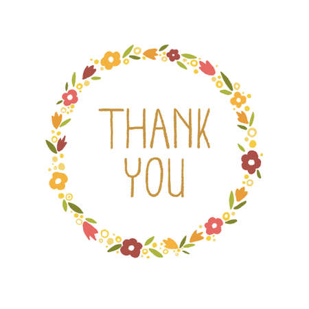 Flower wreath with the inscription "THANK YOU". Can be used as postcard, thank you card, banner, etc.のイラスト素材