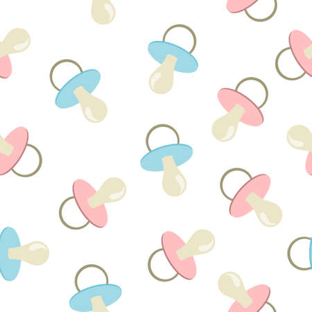Seamless background with pink and blue pacifiers.
Illustration of baby pacifier icon isolated on white. Can be used for postcards, invitations, baby shower, web, textile and other.のイラスト素材