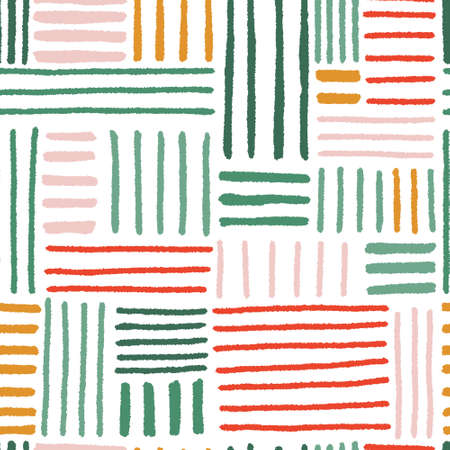 Hand drawn dashes seamless pattern. Dashes consist of squares and rectangles in the composition. Green, pink, yellow, red and white colors. Perfect for fabric, cards, invitations or textile.のイラスト素材
