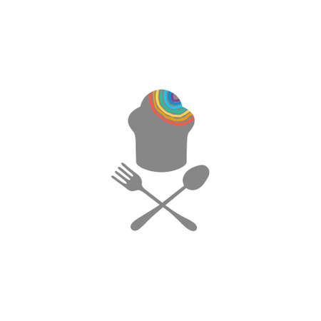 Cooking, cuisine logo with a rainbow ornament. Icon and label for design menu restaurant or cafe. Included the icons as Chef hat, fork and spoon.のイラスト素材