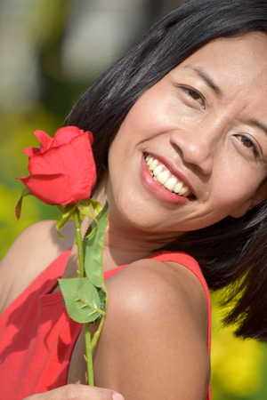 Smiling Beautiful Filipina Female With A Roseの写真素材