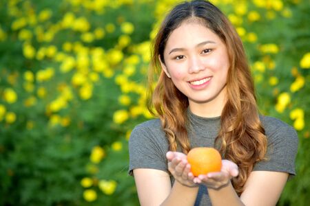 Woman And Happiness With Fruitの写真素材
