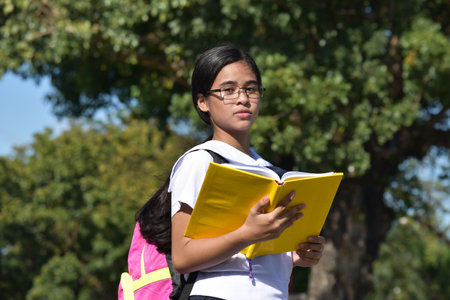 Reading Youthful Minority School Girl With School Books Wearing Glassesの写真素材