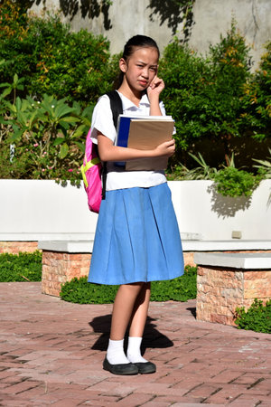 Beautiful Asian Girl Student Making A Decision Wearing Skirt Standingの写真素材