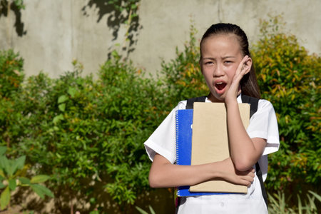 Startled Student Teenager School Girl With Booksの写真素材