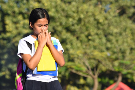 Ashamed Student Teenager School Girl Wearing School Uniformの写真素材