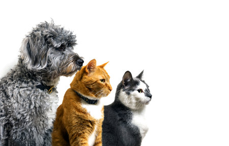 Two cats and a dog isolated on white background. Studio shot.