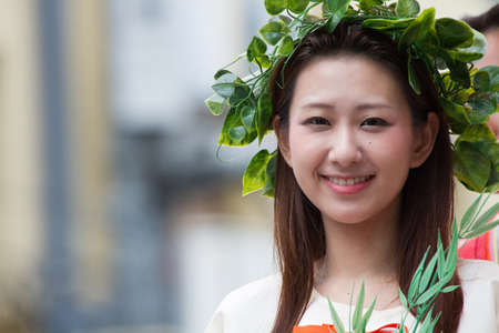 KYOTO - JULY 24: Unidentified Miss Kimono girl on parade of hanagasa in the Gion Matsuri (Gion Festival) held on July 24 2013 in Kyoto, Japan. It is one of Kyoto\'s renowned three great festivals.のeditorial素材
